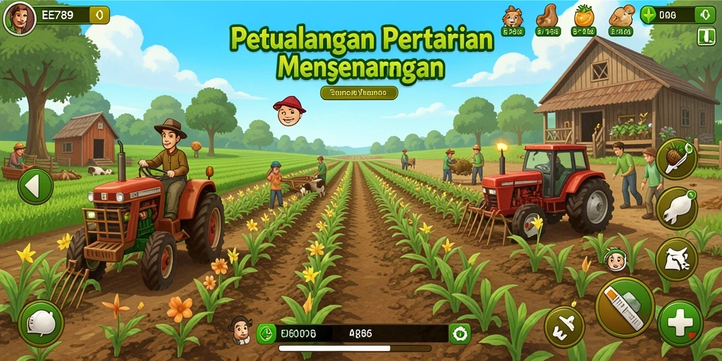 Gameplay seru bertani dengan ladang hijau subur.