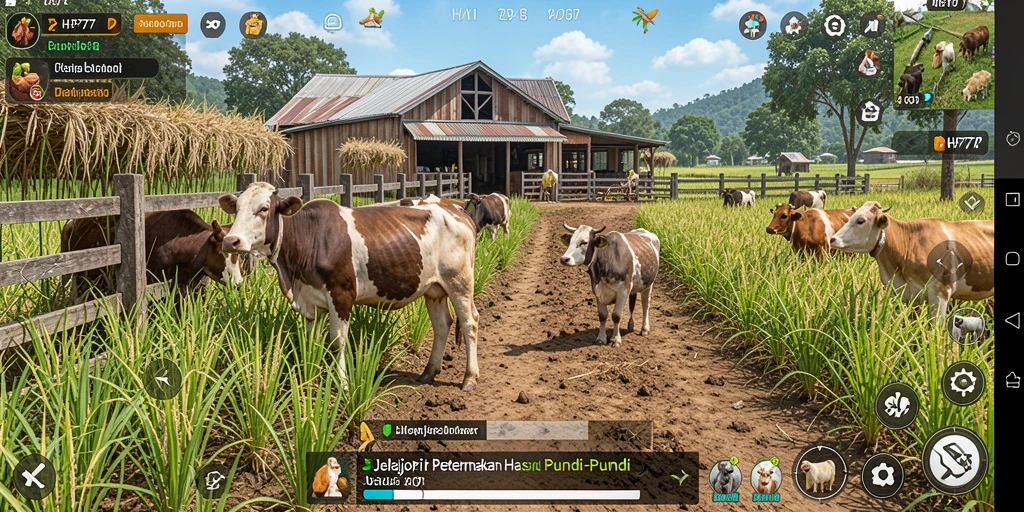 Screenshot gameplay HP777 menunjukkan peternakan yang subur dan aktif.