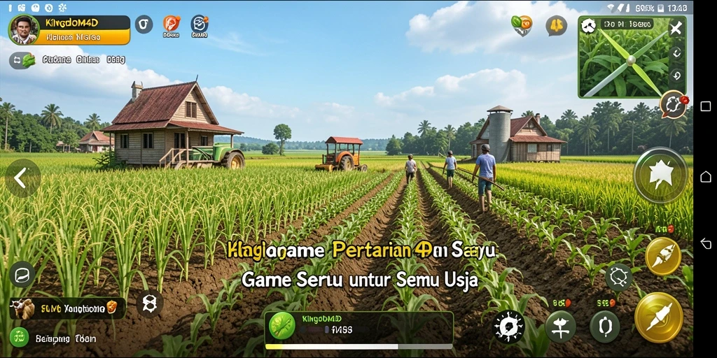 Screenshot KINGDOM4D menampilkan petani yang sedang panen hasil pertanian.