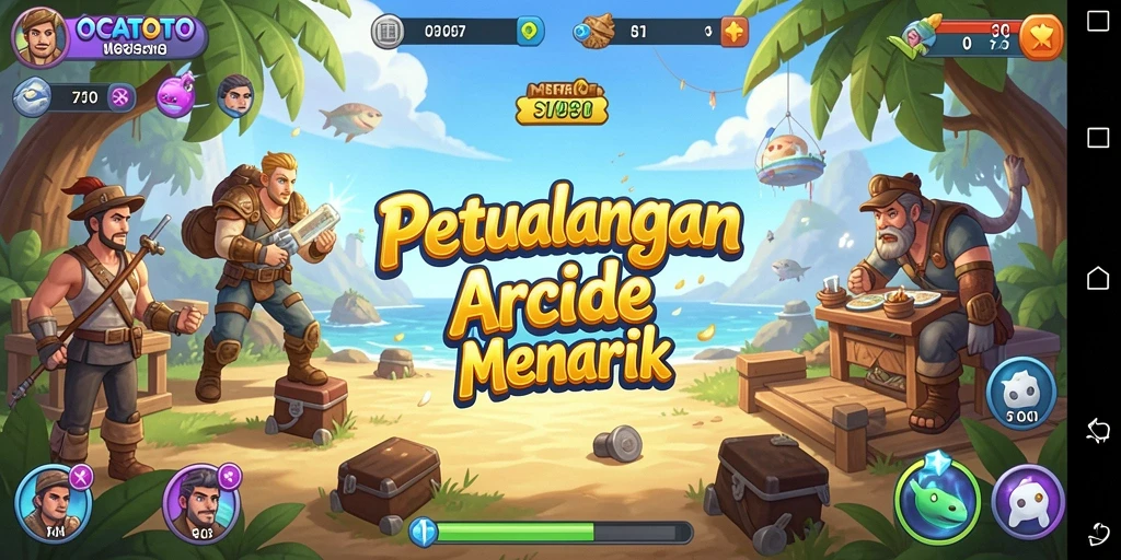 Tangkapan layar utama OCATOTO menampilkan karakter yang beraksi di level yang berwarna-warni.