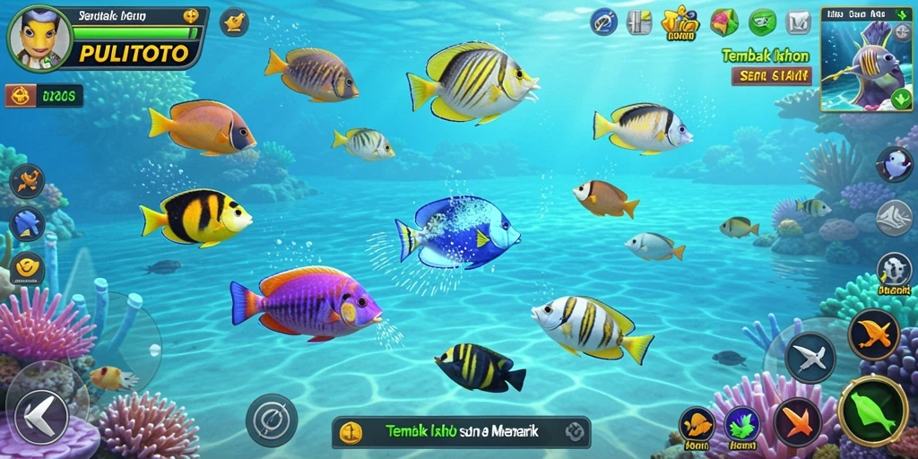 Tampilan gameplay PULITOTO dengan berbagai ikan berwarna-warni.