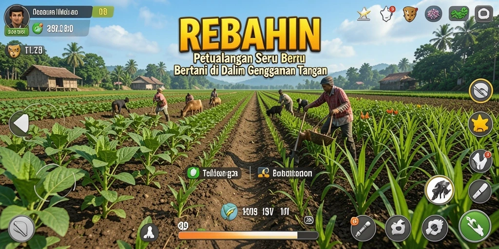 Screenshot gameplay REBAHIN dengan suasana pertanian yang asri.