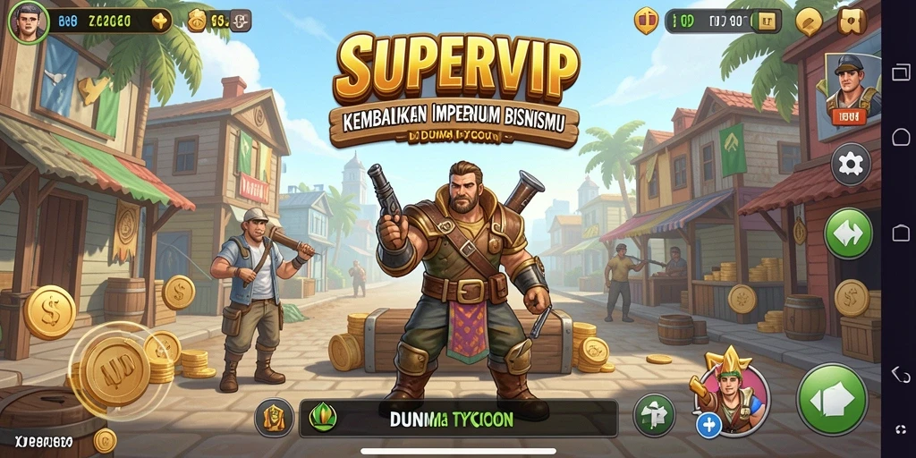 Tampilan gameplay <strong>SUPERVIP</strong> dengan elemen manajemen bisnis yang menarik.
